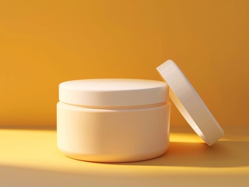 Open jar of cream on a golden background