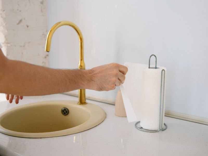 Hand pulling a paper towel from a holder by the sink