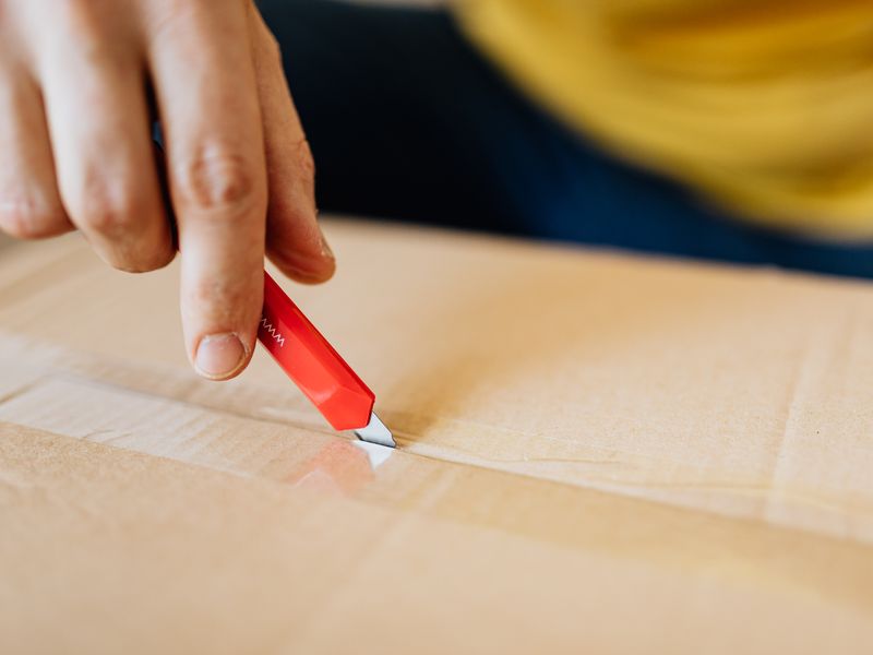 Hand slicing box tape with a utility knife