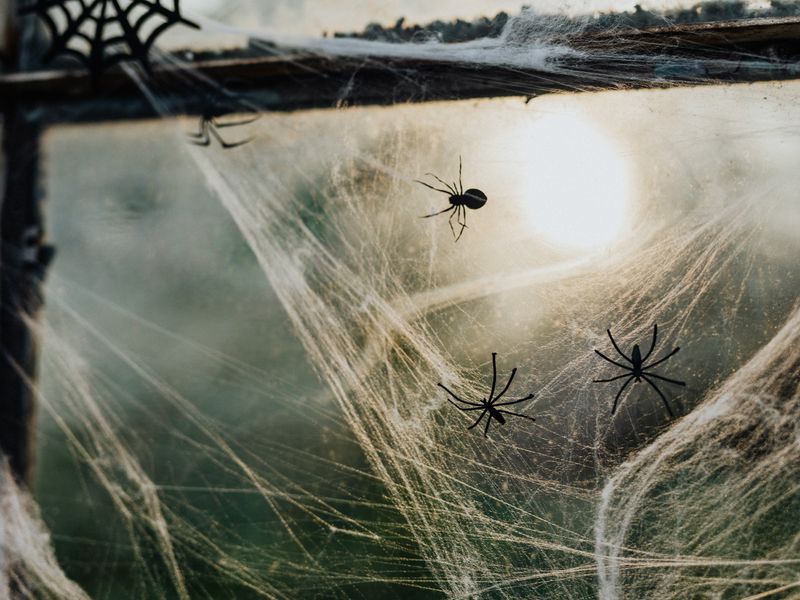Cobwebs and black spiders across a window